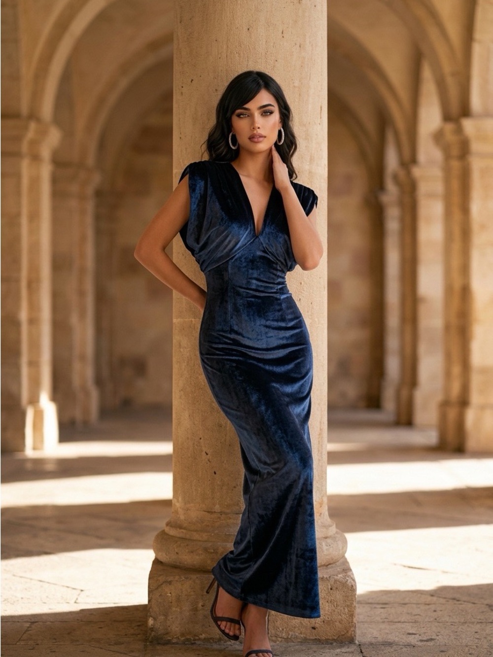 Elegant Dark Pewter Velvet Draped Backless Evening Gown